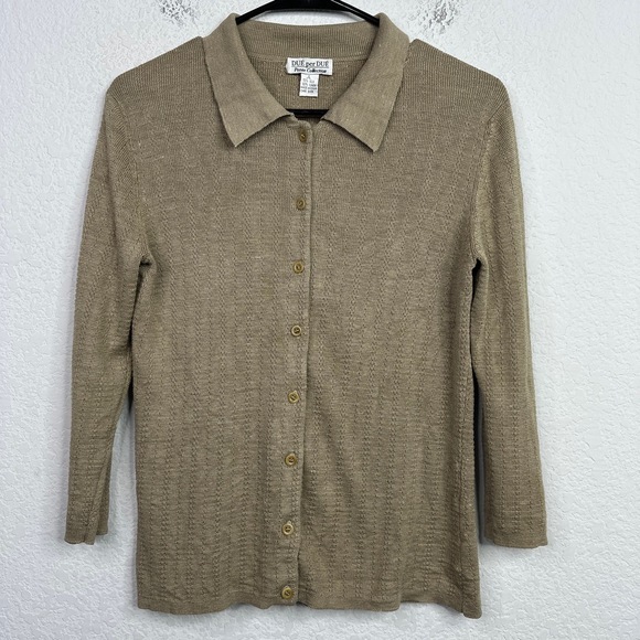 DUÉ Per DUÉ Sweater Women Large Brown Silk Linen Button Knit Preppy VTG Cardigan - Picture 1 of 7